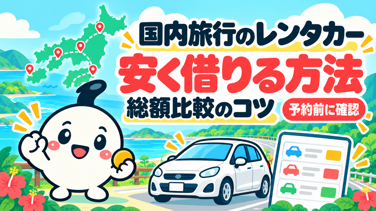 国内旅行でレンタカーを安く借りる方法と総額比較のコツを紹介するイチ丸のイラスト