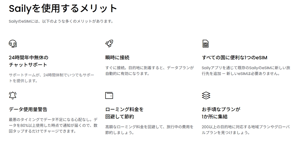 Saily公式サイトのメリット紹介。チャットサポートや既存eSIMへのプラン追加などの説明
